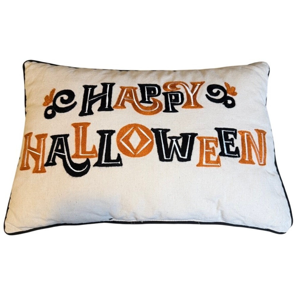Happy Halloween Embroidered Decorative Pillow White Spooky Festive